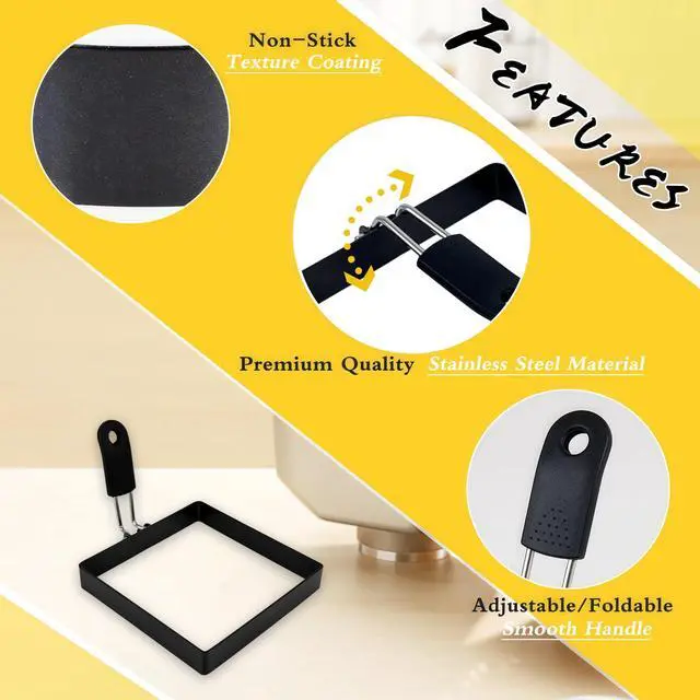 Alt view image 3 of 6 - 4 Pack Egg Rings for Frying Eggs, 4" Square Egg Cooking Stainless Steel, for English Muffins Pancake, with Silicone Handle