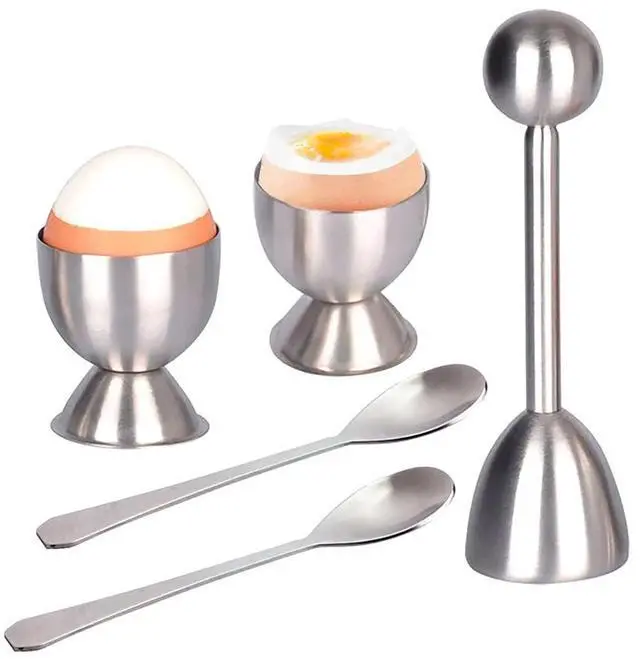 Main image of Egg Cracker Topper Set of 5 - Includes 2 Egg Cups, 2 Spoons and 1 Cutter - Stainless Steel Easy Egg Opener
