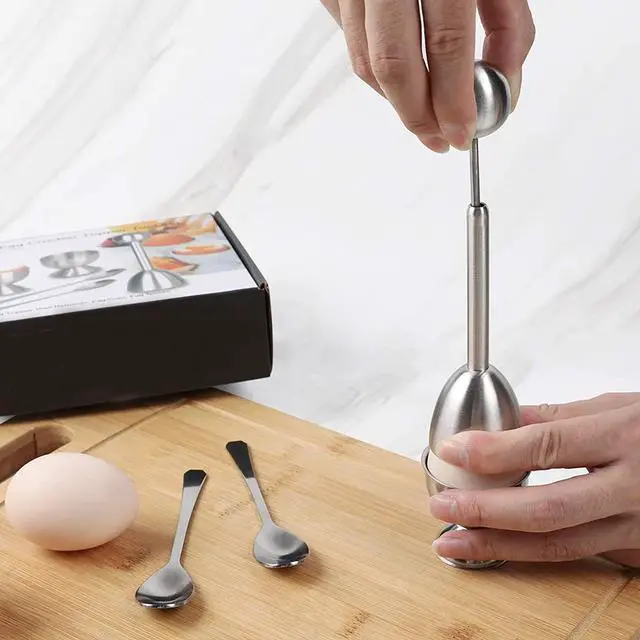Alt view image 2 of 7 - Egg Cracker Topper Set of 5 - Includes 2 Egg Cups, 2 Spoons and 1 Cutter - Stainless Steel Easy Egg Opener