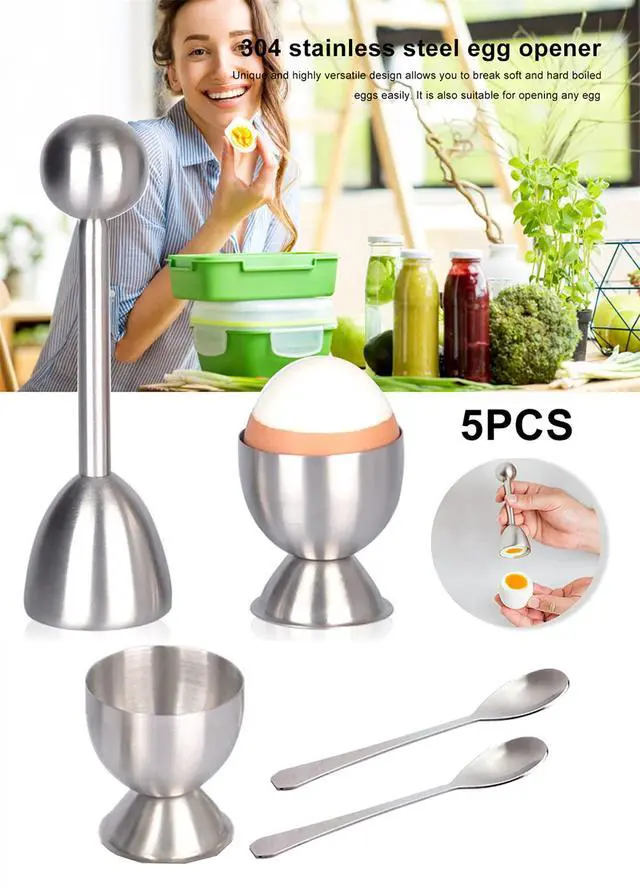 Alt view image 3 of 7 - Egg Cracker Topper Set of 5 - Includes 2 Egg Cups, 2 Spoons and 1 Cutter - Stainless Steel Easy Egg Opener