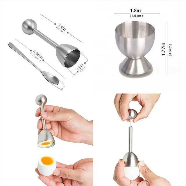 Alt view image 4 of 7 - Egg Cracker Topper Set of 5 - Includes 2 Egg Cups, 2 Spoons and 1 Cutter - Stainless Steel Easy Egg Opener