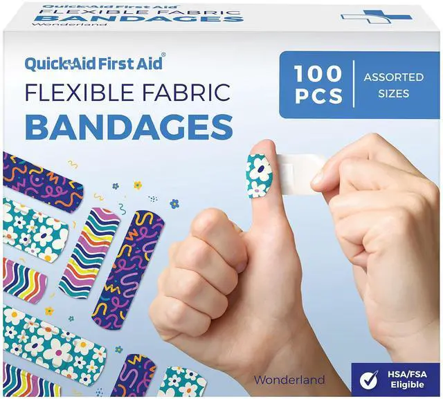 Main image of Wonderland Bandages, Bandages Variety Pack 100 Count, Fun Designs for Kids Adults, Gentle Adhesion Soft Breathable, Latex Free, Use for Minor Cuts Scrapes, First Aid Supplies