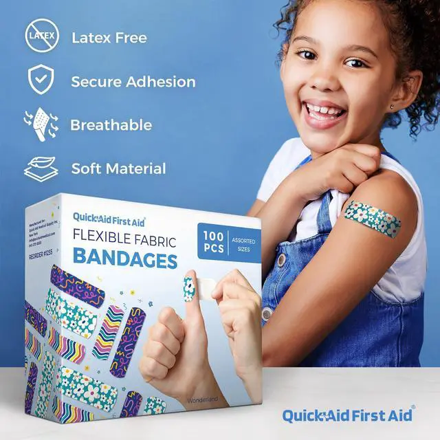 Alt view image 2 of 6 - Wonderland Bandages, Bandages Variety Pack 100 Count, Fun Designs for Kids Adults, Gentle Adhesion Soft Breathable, Latex Free, Use for Minor Cuts Scrapes, First Aid Supplies
