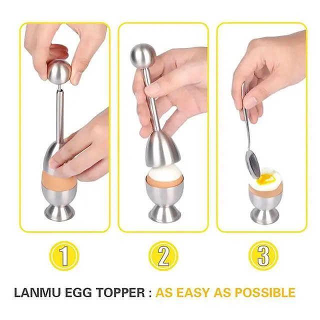 Alt view image 6 of 7 - Egg Cracker Topper Set of 5 - Includes 2 Egg Cups, 2 Spoons and 1 Cutter - Stainless Steel Easy Egg Opener