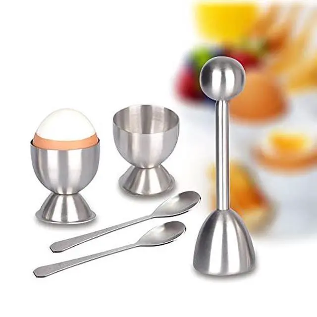 Alt view image 7 of 7 - Egg Cracker Topper Set of 5 - Includes 2 Egg Cups, 2 Spoons and 1 Cutter - Stainless Steel Easy Egg Opener