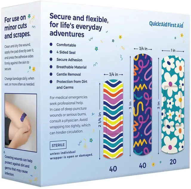 Alt view image 6 of 6 - Wonderland Bandages, Bandages Variety Pack 100 Count, Fun Designs for Kids Adults, Gentle Adhesion Soft Breathable, Latex Free, Use for Minor Cuts Scrapes, First Aid Supplies