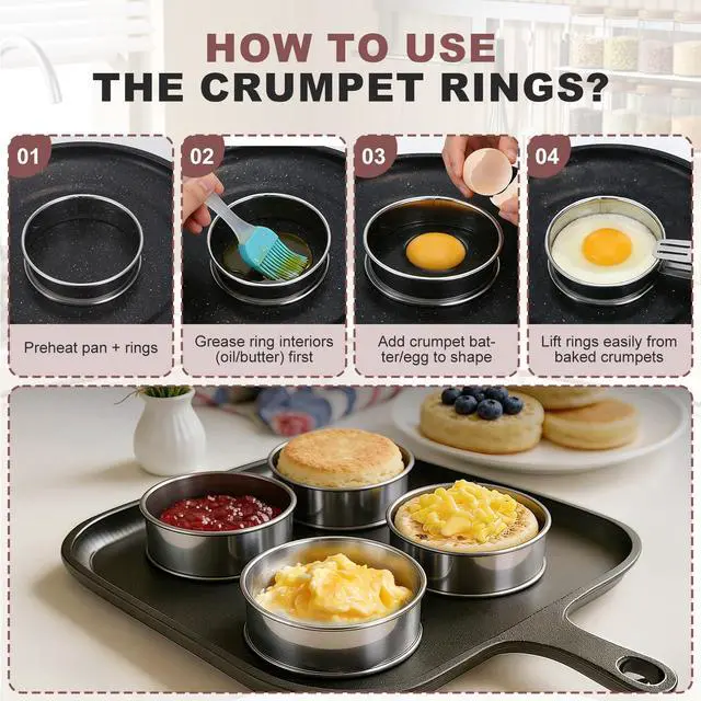 Alt view image 4 of 7 - 16Pcs Crumpet Rings Set, 4 & 3.15 Inch Nonstick English Muffin Rings, Stainless Steel Double Rolled Tart Ring, Round Metal Pastry Ring Molds for Baking Cake Dessert Food Making Tool