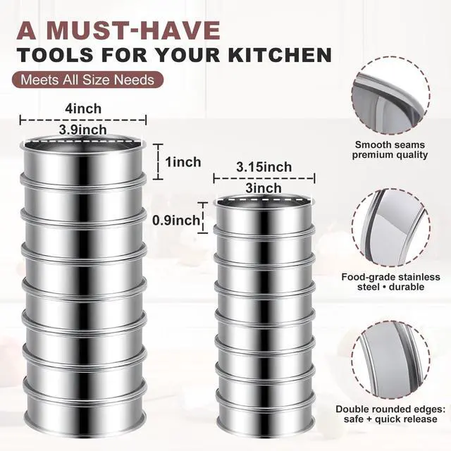 Alt view image 6 of 7 - 16Pcs Crumpet Rings Set, 4 & 3.15 Inch Nonstick English Muffin Rings, Stainless Steel Double Rolled Tart Ring, Round Metal Pastry Ring Molds for Baking Cake Dessert Food Making Tool