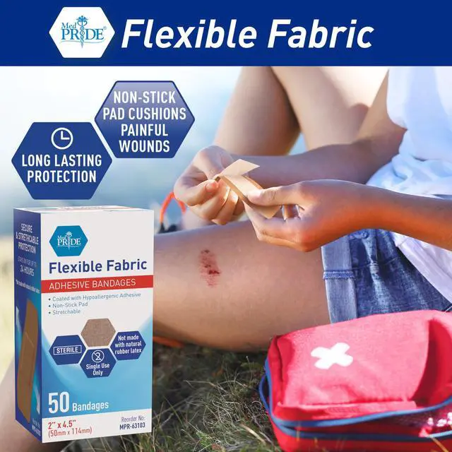 Alt view image 3 of 6 - Fabric Adhesive Bandages,Hypoallergenic,Latex-Free,2x4.5 in,50-Ct