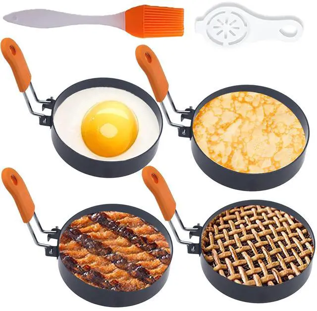 Main image of Upgrade 4" Large Egg Rings Set for Griddle,4 Packs Non-stick Stainless Steel Round Egg Ring for Frying Egg Pancake Mold Ring Omelette Ring Shapper for Muffin with 1X Oil Brush & 1X Egg Separator