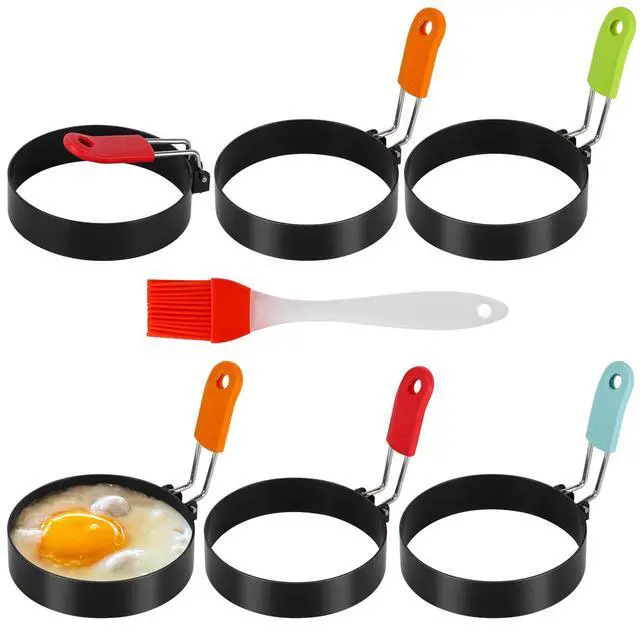Main image of 6 Pcs 3.5" Egg Rings with Silicone Handle, Round Pancake Mold with Silicone Oil Brush for Frying Eggs, English Muffins, Indoor Camping Breakfast Sandwiches