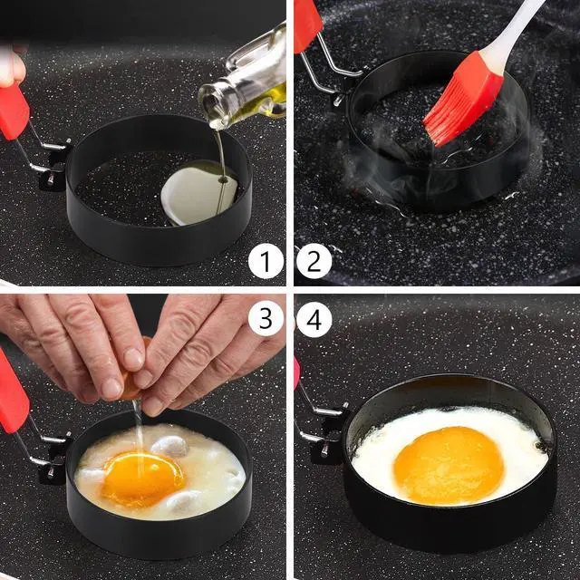Alt view image 7 of 7 - 6 Pcs 3.5" Egg Rings with Silicone Handle, Round Pancake Mold with Silicone Oil Brush for Frying Eggs, English Muffins, Indoor Camping Breakfast Sandwiches