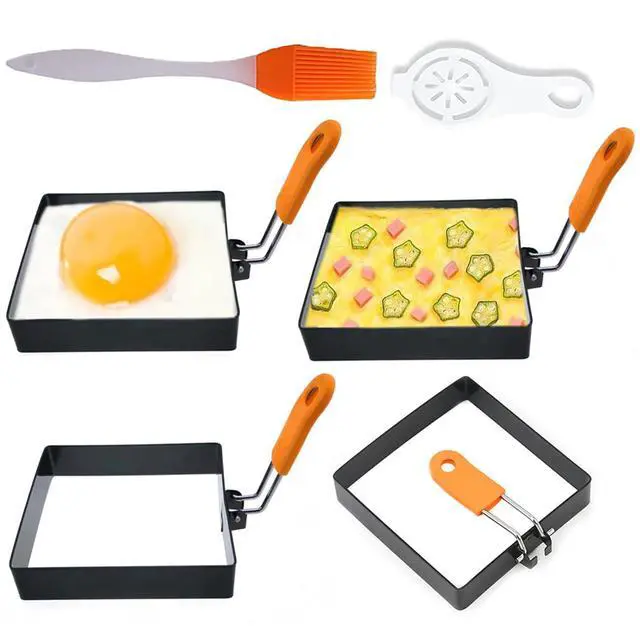 Main image of Large 4 Pcs 4 Inch Sqaure Egg Ring for Griddle Frying Egg,4" Non-stick Stainless Steel Square Egg Mold,Square Omelet Ring Pancake Mold Maker With Silicone Insulated Handle Oil Brush & Egg Separator