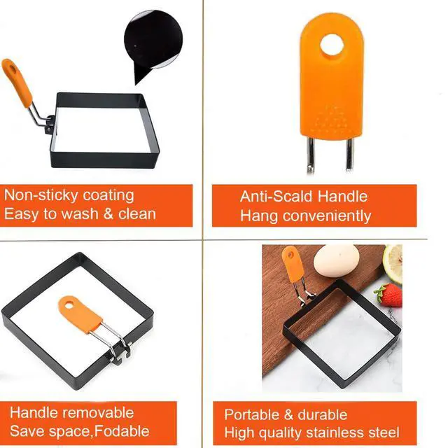 Alt view image 2 of 7 - Large 4 Pcs 4 Inch Sqaure Egg Ring for Griddle Frying Egg,4" Non-stick Stainless Steel Square Egg Mold,Square Omelet Ring Pancake Mold Maker With Silicone Insulated Handle Oil Brush & Egg Separator