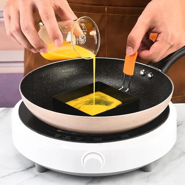 Alt view image 4 of 7 - Large 4 Pcs 4 Inch Sqaure Egg Ring for Griddle Frying Egg,4" Non-stick Stainless Steel Square Egg Mold,Square Omelet Ring Pancake Mold Maker With Silicone Insulated Handle Oil Brush & Egg Separator
