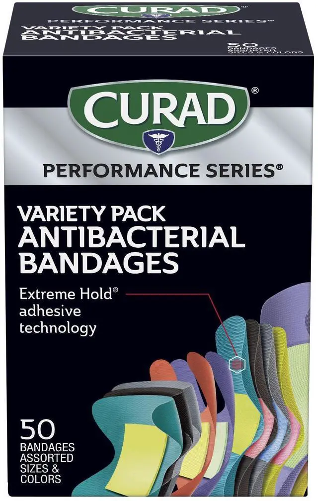 Main image of Performance Series Antibacterial Bandages, Extreme Hold Adhesive Technology, Finger & Knuckle Bandages, Flexible Fabric, Variety Pack with Assorted Sizes & Colors, 50 Count
