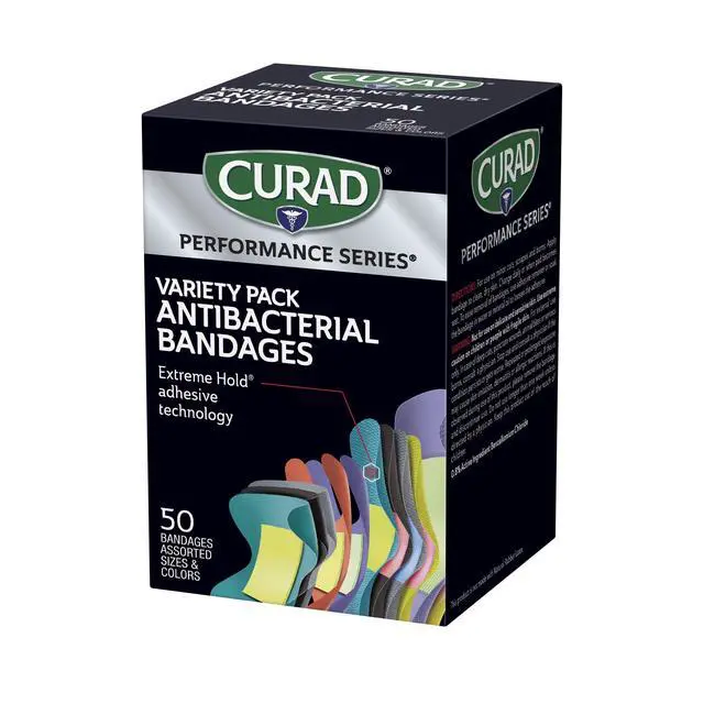 Alt view image 3 of 7 - Performance Series Antibacterial Bandages, Extreme Hold Adhesive Technology, Finger & Knuckle Bandages, Flexible Fabric, Variety Pack with Assorted Sizes & Colors, 50 Count