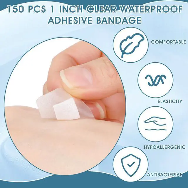 Alt view image 3 of 6 - 150 Pcs 1 Inch Clear Waterproof Adhesive Bandage Small Square Flexible Adhesive Bandages for Adult Minor Cuts, Abrasions, and Fingertip Wounds Care, Stays on Skin in Shower or Pool