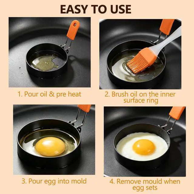 Alt view image 5 of 7 - Stainless Steel Egg Rings, 8" Omelet Ring 6" Pancake Ring 4" Griddle Fried Egg Ring, Non-stick Round Food Cooking Rings Mold with Oil Brush
