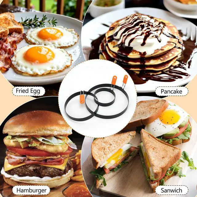 Alt view image 6 of 7 - Stainless Steel Egg Rings, 8" Omelet Ring 6" Pancake Ring 4" Griddle Fried Egg Ring, Non-stick Round Food Cooking Rings Mold with Oil Brush