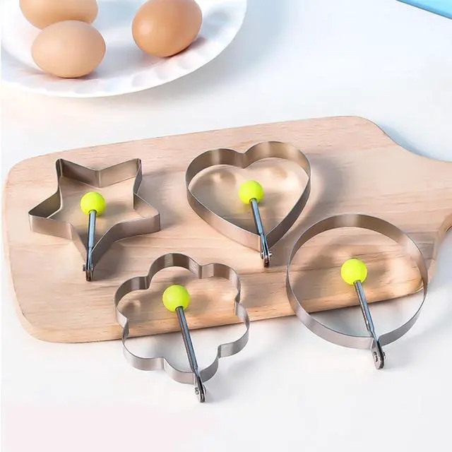 Main image of 4 Pack Egg Ring Molds for Breakfast Sandwiches, Stainless Steel Fried Egg Mold for Flat Bottomed Pan, Heart, Flower, Star, Round Pancake Mold Set
