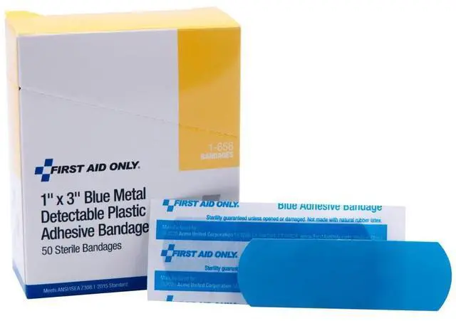 Main image of 1-658 Plastic Bandages, Blue Metal Detectable Bandages, 1 x 3 Inch, 50 Count