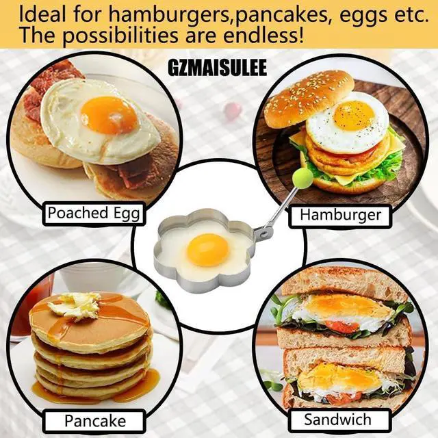 Alt view image 2 of 6 - 4 Pack Egg Ring Molds for Breakfast Sandwiches, Stainless Steel Fried Egg Mold for Flat Bottomed Pan, Heart, Flower, Star, Round Pancake Mold Set
