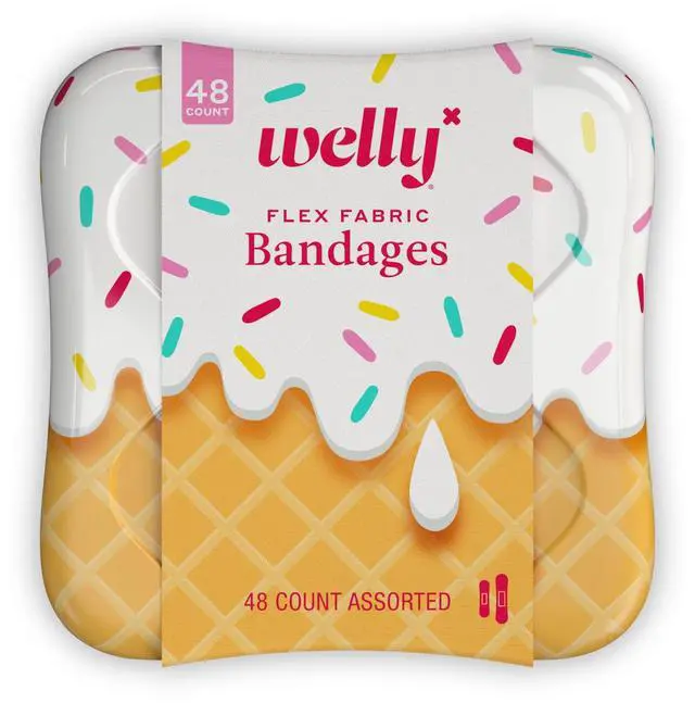Main image of Bandages | Adhesive Flexible Fabric Bravery Badges | Assorted Shapes for Minor Cuts, Scrapes, and Wounds | Colorful and Fun First Aid Tin | Ice Cream Patterns - 48 Count