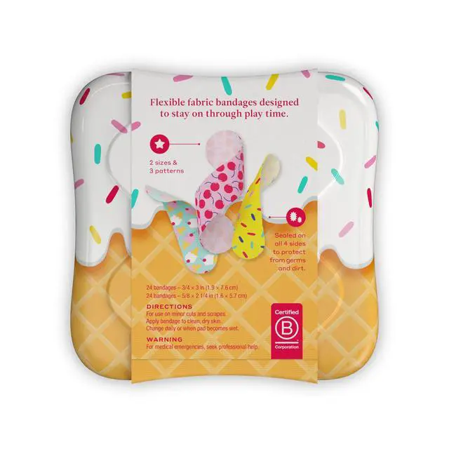 Alt view image 2 of 7 - Bandages | Adhesive Flexible Fabric Bravery Badges | Assorted Shapes for Minor Cuts, Scrapes, and Wounds | Colorful and Fun First Aid Tin | Ice Cream Patterns - 48 Count