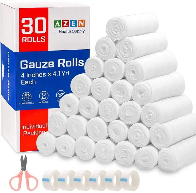 Main image of 30 Pack Gauze Rolls Bandages, 4 in x 4.1 Yards, Premium Medical Supplies & First Aid Supplies, Bandage Wrap Vet Wrap, Mummy Wraps
