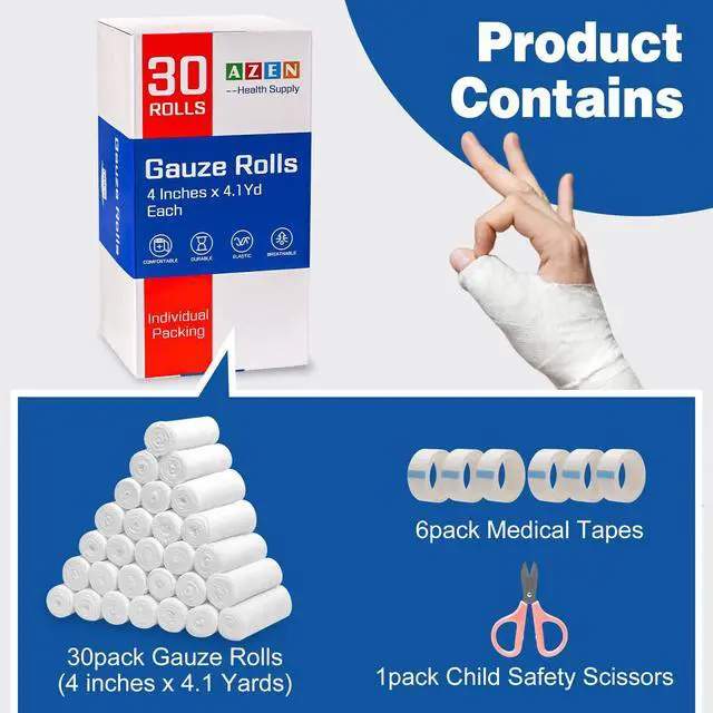 Alt view image 2 of 7 - 30 Pack Gauze Rolls Bandages, 4 in x 4.1 Yards, Premium Medical Supplies & First Aid Supplies, Bandage Wrap Vet Wrap, Mummy Wraps