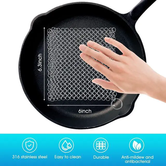 Alt view image 2 of 6 - Cast Iron Cleaner 6"x6.3" 316L Stainless Steel Chainmail Scrubber for Griddle Skillet Dutch Oven Wok Stainless Steel Pot Cast Iron Pan Support Dishwasher Cleaning