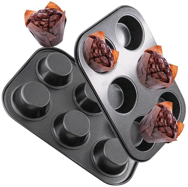 Main image of 2 Packs Round Muffin Baking Pan, Premium Steel Muffin Pan for Baking, Cupcake Tin Cheesecake Pans, Bakeware Muffin Top Pan (6 Cups,Black)
