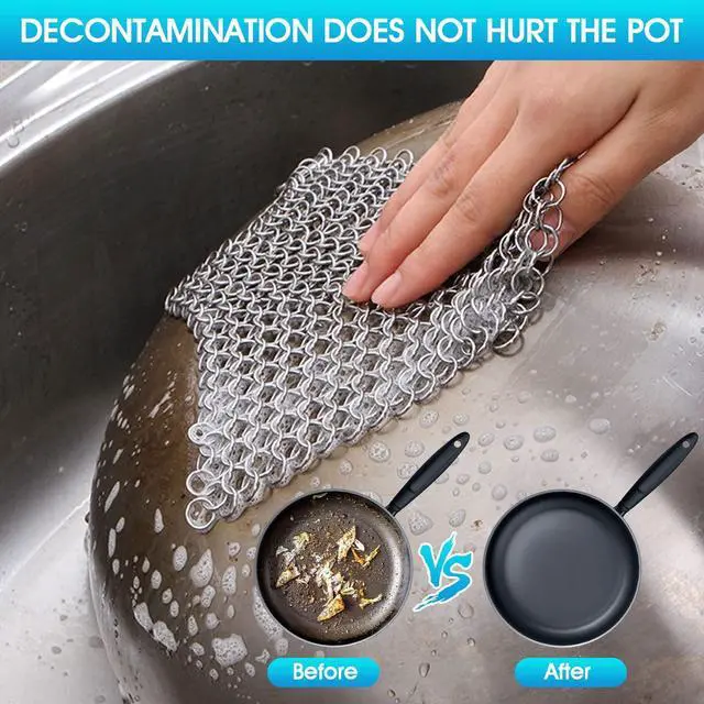 Alt view image 4 of 6 - Cast Iron Cleaner 6"x6.3" 316L Stainless Steel Chainmail Scrubber for Griddle Skillet Dutch Oven Wok Stainless Steel Pot Cast Iron Pan Support Dishwasher Cleaning