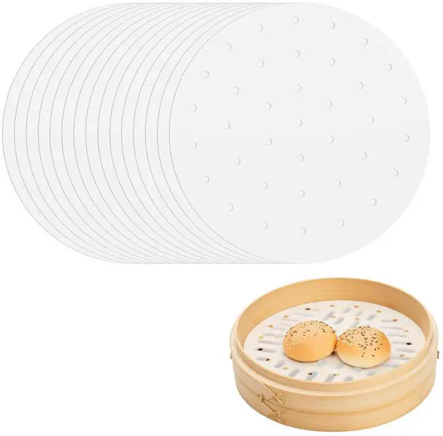 Main image of 100 Pcs Bamboo Steamer Liner - 10" Round Steam Paper With Holes