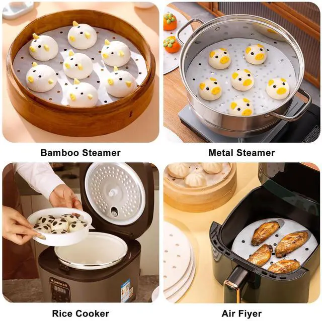 Alt view image 5 of 7 - Air Fryer Perforated Parchment Paper, Set of 150, 8 inch Air Fryer Liner/Bamboo Steamer Paper/Perforated Parchment Paper for Air Fryer, Steaming Basket and More
