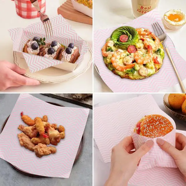 Alt view image 3 of 5 - 100 PCS Wavy Waxed Deli Paper Sheets 7 * 7 Inch, Food-grade Greaseproof Paper Hamburger Papers Food Basket Liners for Sandwiches, Burgers, Fries Wrapping for Party,Festival and Outdoor - Pink