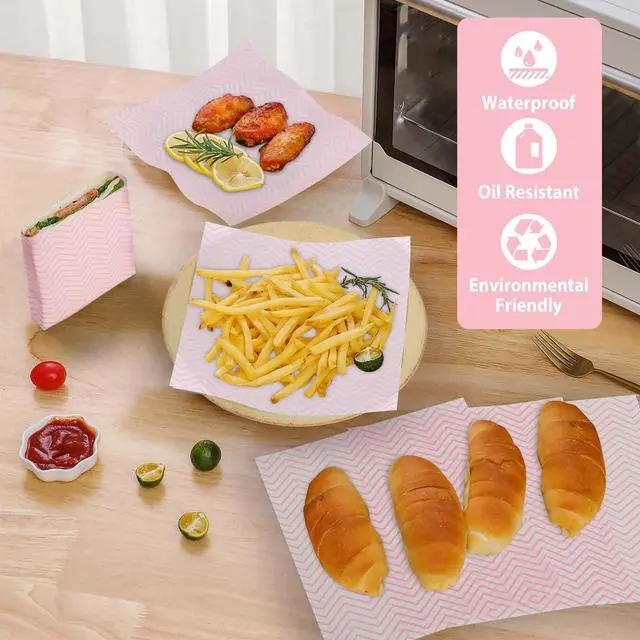 Alt view image 5 of 5 - 100 PCS Wavy Waxed Deli Paper Sheets 7 * 7 Inch, Food-grade Greaseproof Paper Hamburger Papers Food Basket Liners for Sandwiches, Burgers, Fries Wrapping for Party,Festival and Outdoor - Pink