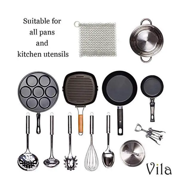 Alt view image 3 of 6 - Vila Cast Iron Scrubber, 7 Inches Diameter, Square 316 Premium Stainless Steel, Lightweight, Flexible Chainmail Scrubber, Cleans Cookware with No Scratches or Residue