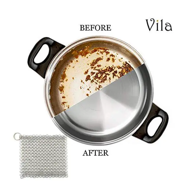 Alt view image 4 of 6 - Vila Cast Iron Scrubber, 7 Inches Diameter, Square 316 Premium Stainless Steel, Lightweight, Flexible Chainmail Scrubber, Cleans Cookware with No Scratches or Residue