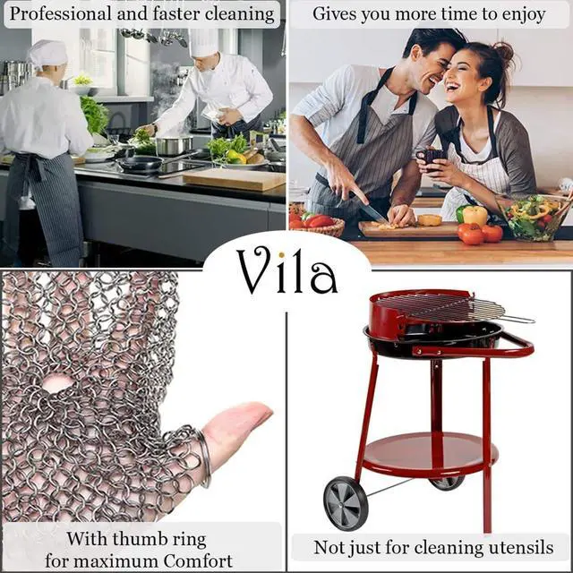 Alt view image 5 of 6 - Vila Cast Iron Scrubber, 7 Inches Diameter, Square 316 Premium Stainless Steel, Lightweight, Flexible Chainmail Scrubber, Cleans Cookware with No Scratches or Residue