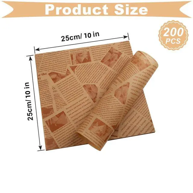 Alt view image 5 of 7 - 200 Pcs Deli Wax Paper Sheets 10 x 10 Inch Old Newspaper Style Printed Greaseproof Deli Paper for Wrapping Breads Burgers French Fries Sandwiches (Brown)