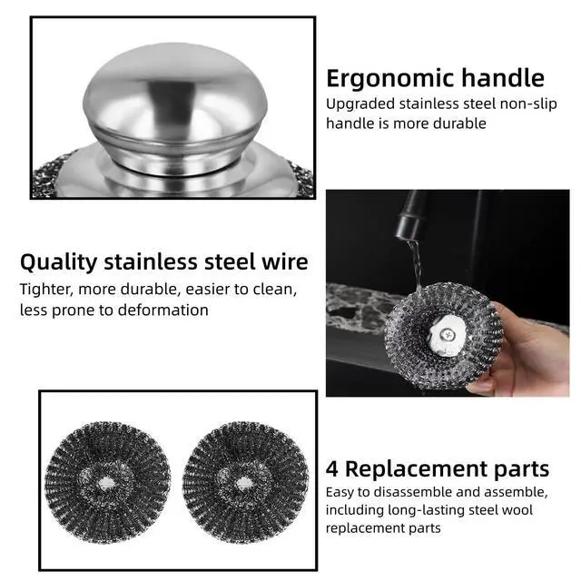 Alt view image 3 of 7 - 6 Pcs Steel Wool Scrubber Set, Stainless Steel Scrubber with Handled Replacement Metal Wire Pads for Cleaning Dishes, Cast Iron, Stock Pots, Pans, Griddles, Grills