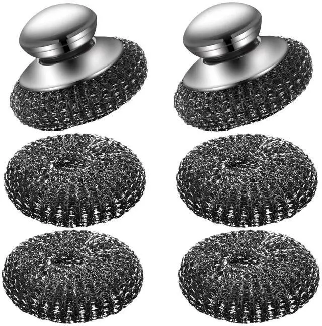 Main image of 6 Pcs Steel Wool Scrubber Set, Stainless Steel Scrubber with Handled Replacement Metal Wire Pads for Cleaning Dishes, Cast Iron, Stock Pots, Pans, Griddles, Grills