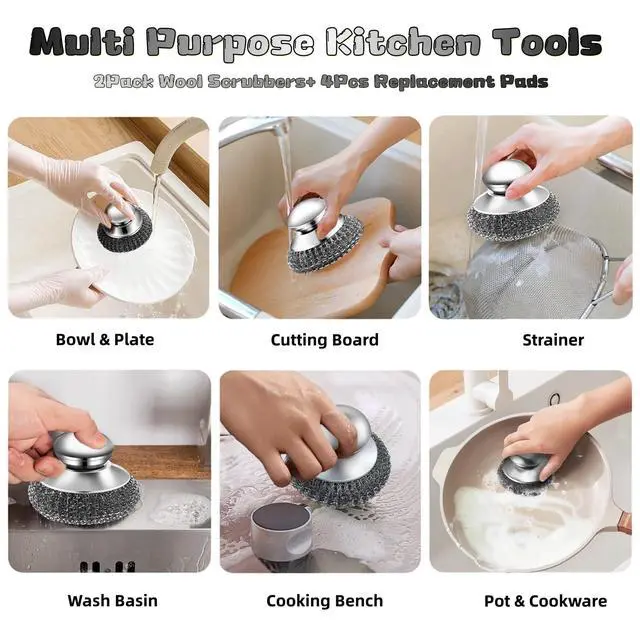 Alt view image 4 of 7 - 6 Pcs Steel Wool Scrubber Set, Stainless Steel Scrubber with Handled Replacement Metal Wire Pads for Cleaning Dishes, Cast Iron, Stock Pots, Pans, Griddles, Grills
