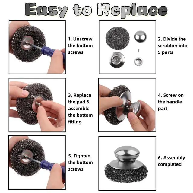 Alt view image 5 of 7 - 6 Pcs Steel Wool Scrubber Set, Stainless Steel Scrubber with Handled Replacement Metal Wire Pads for Cleaning Dishes, Cast Iron, Stock Pots, Pans, Griddles, Grills