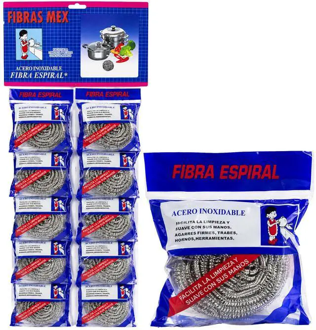 Main image of Fibras Mex Stainless Steel Scrubber 12 Pack Fibra Espiral de Acero Inoxidable para Cocina Heavy Duty, Fibras Mex Steel Wool Scrubber Multi Pack, Heavy Duty Stainless Steel Scrubber for Pots