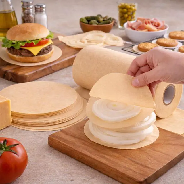 Alt view image 5 of 6 - 200 Pcs Unbleached Parchment Paper Sheets - Baking Parchment Rounds,Hamburger Patty Paper Sheet for Separating Patties, Bread, Tortilla Wrapping(3.5 inch)