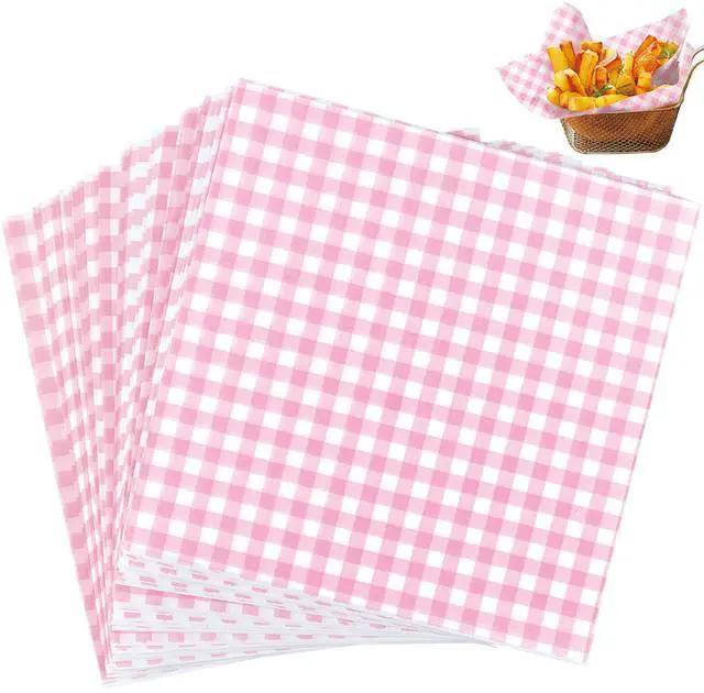 Main image of Waxed Deli Paper Sheets 7x7 Inch, 100 Pack Pink Checkered Sandwich Wrapping Paper, Greaseproof Basket Liners, Precut Deli Wrap Wax Sheets, Microwave Safe Burger/Hot Dog/BBQ/Food Truck/Party