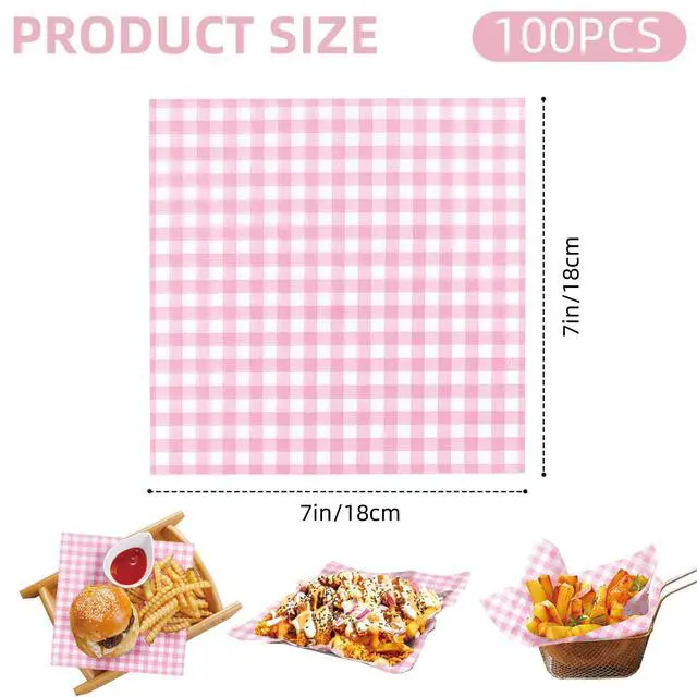 Alt view image 3 of 7 - Waxed Deli Paper Sheets 7x7 Inch, 100 Pack Pink Checkered Sandwich Wrapping Paper, Greaseproof Basket Liners, Precut Deli Wrap Wax Sheets, Microwave Safe Burger/Hot Dog/BBQ/Food Truck/Party